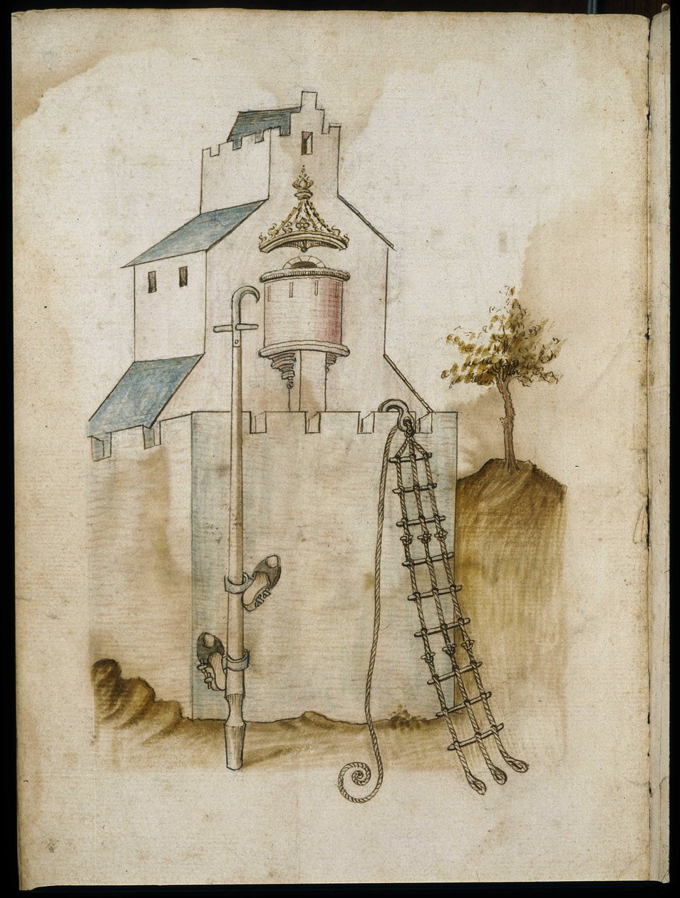 Sistemas para escalar paredes - Manuscrito: hoja de pergamino de un manual de ingeniero para la construcción de edificios civiles, religiosos y militares, anónimo, finales del siglo XV (figura en tinta china) de Unknown artist