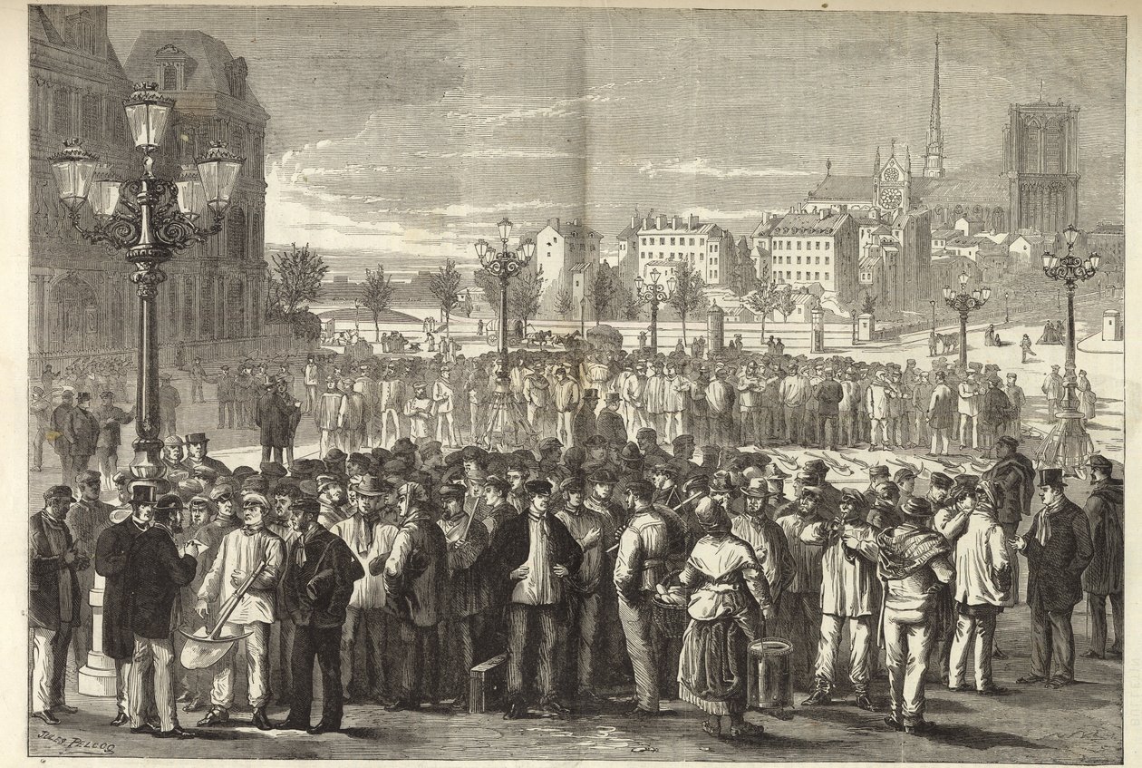 LA FERIA DE LOS ALBAÑILES EN LA PLAZA DEL HOTEL DE VILLE, EN PARÍS. POR EL SR. JULES PELCOQ - Grabado 1869 de Unknown artist