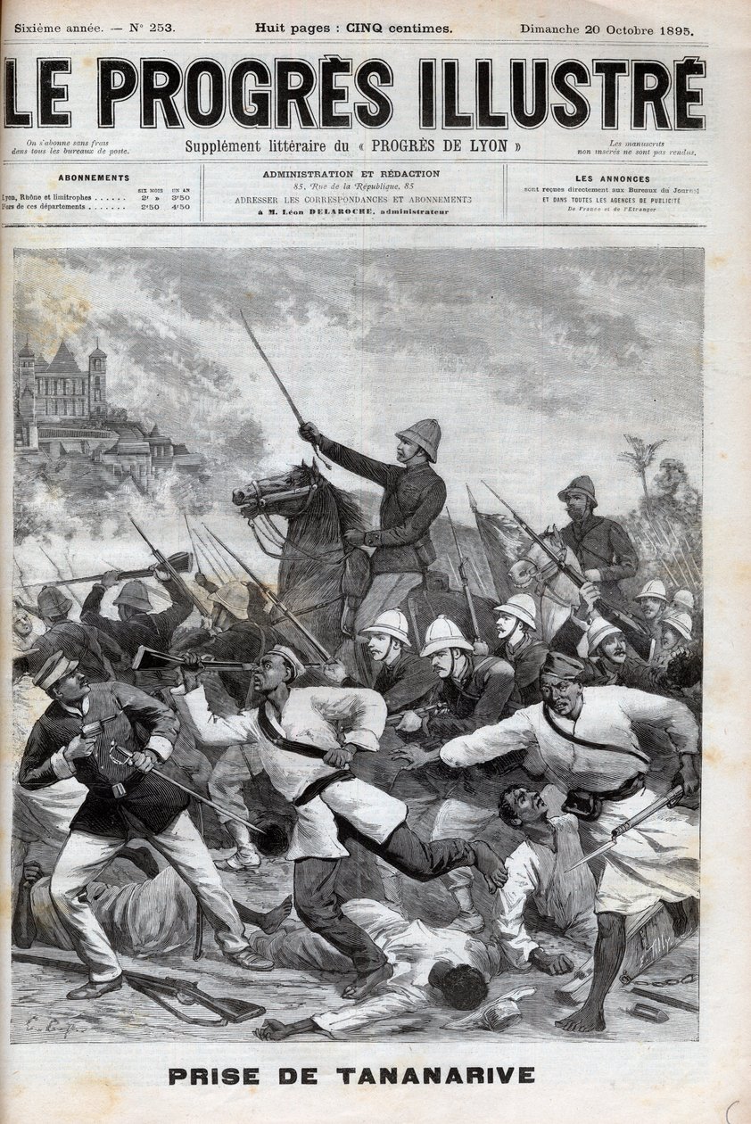 Toma de Antananarivo - Fuerzas militares francesas invaden Antananarivo 1895 - Conquista de Madagascar - captura de Tananarive por la fuerza expedicionaria francesa el 30 de septiembre de 1895 - grabado en “El Progreso ilustre” de 1895 de Unknown artist