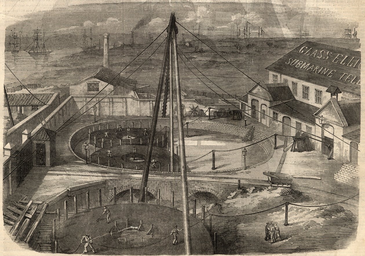 Telegrafía: El cable transatlántico producido en la fábrica de Glass, Elliot and Company en East Greenwich (Inglaterra) está listo para ser entregado. Grabado en "The Illustrated London News" del 14 de marzo. de Unknown artist