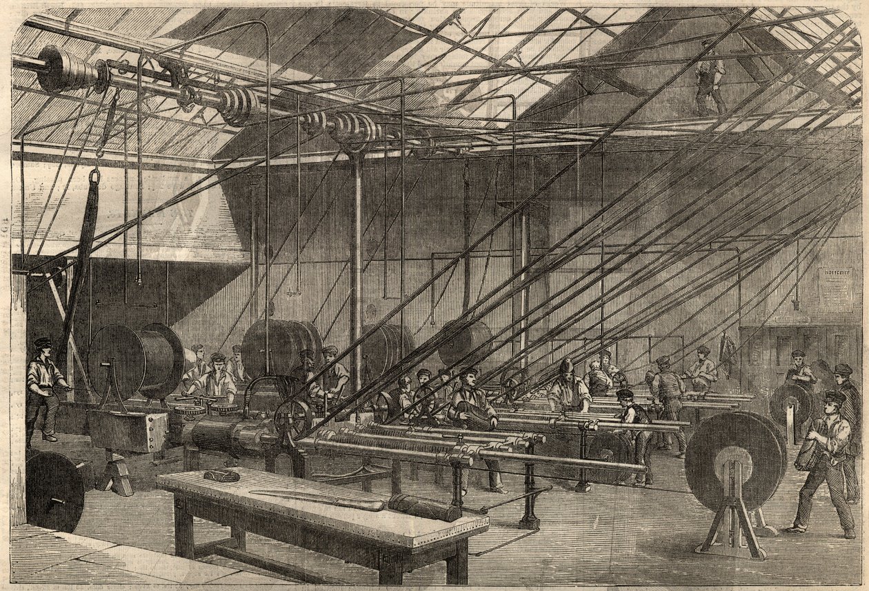 Telegrafía: fabricación de cable transatlántico. Máquinas recubriendo el cable de gutapercha en la fábrica de Glass, Elliot and Company en Wharf Road en Londres, Inglaterra. Grabado en “The Illustrated London News” del 14 de marzo. de Unknown artist
