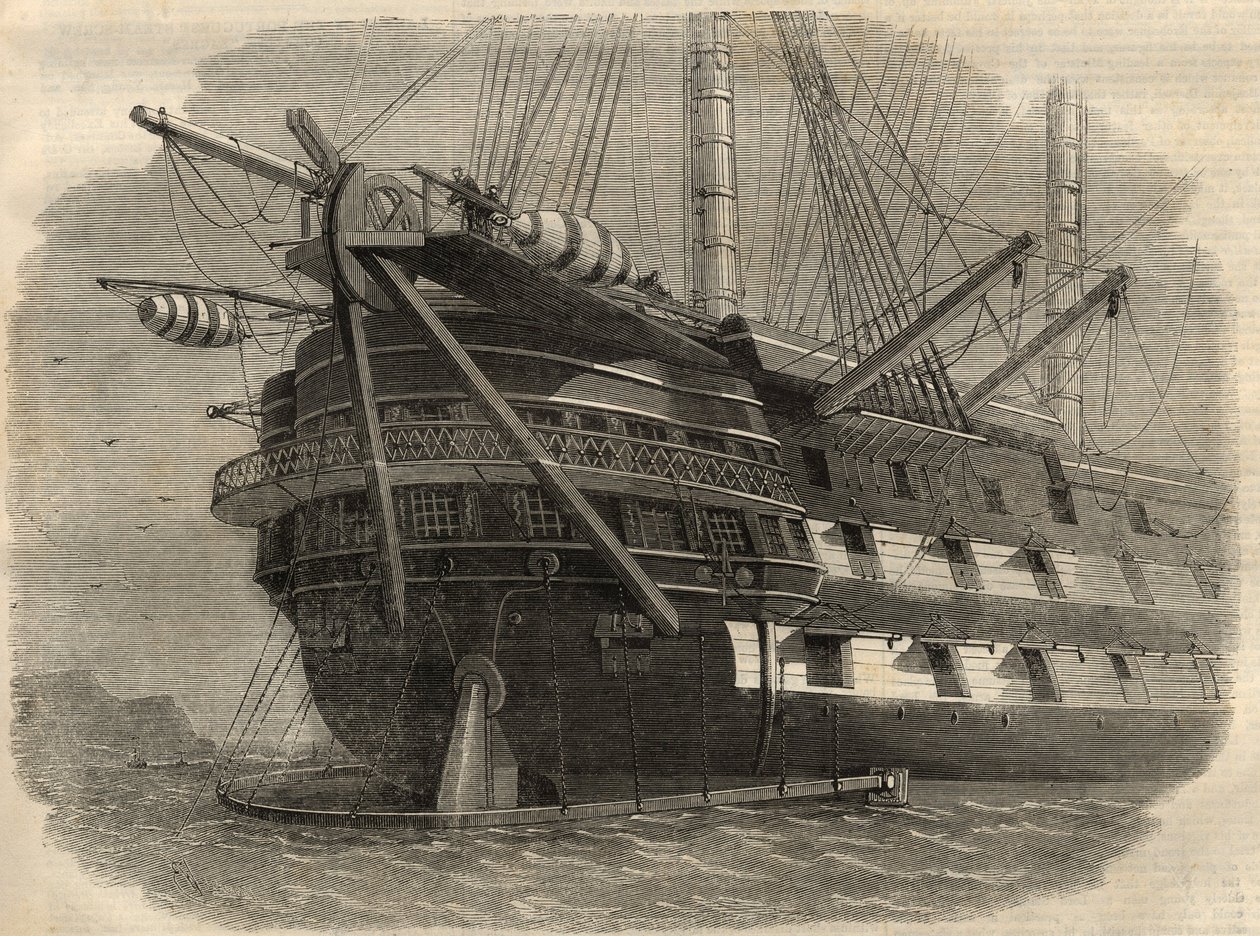 Telegrafía: vista de la popa del barco H.M.S. "Agamemnon" que colocará el primer cable transatlántico. Grabado en "The Illustrated London News" del 5 de junio. de Unknown artist