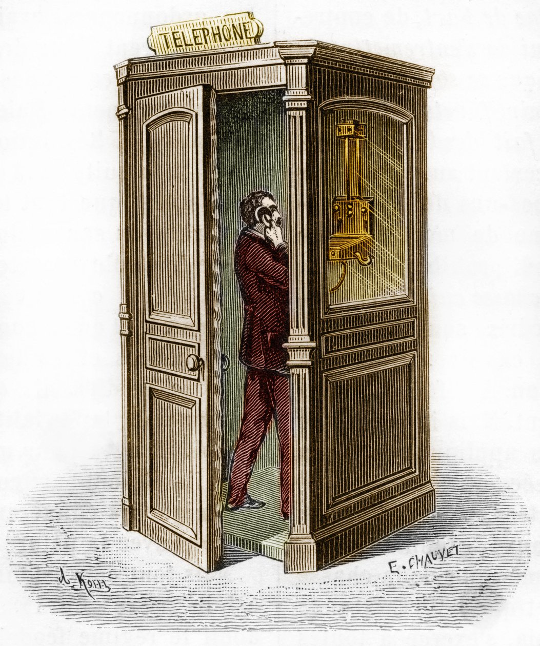 Cabina telefónica en 1888. Grabado en "El Diario de la Juventud" de Unknown artist