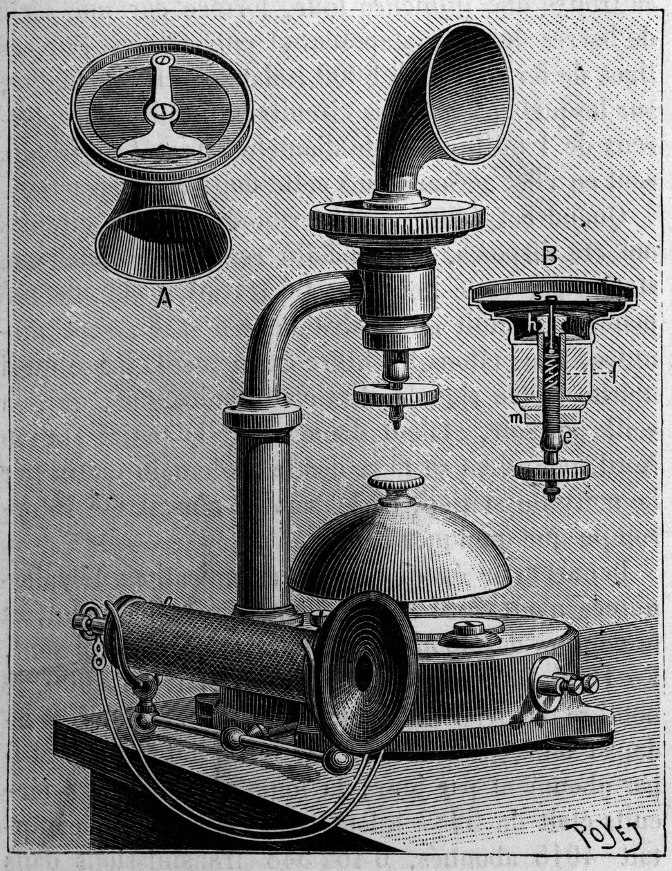 Telefonía en Suecia: modelo de un teléfono de la Compañía Ericsson. Grabado en “La Nature: revue des sciences et de leurs aplicaciones aux arts et a l