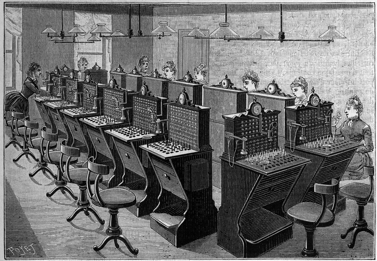 Telefonía en Suecia: sala de la central telefónica en Estocolmo. Grabado en "La Nature: revue des sciences et de leurs applications aux arts et a l