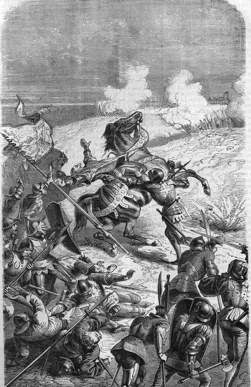 El veterano de 75 años John Talot fue reclutado para liderar una expedición de 3000 hombres, que desembarcó en Guyena el 17 de octubre de 1452. Grabado que representa la muerte de Talbot en batalla. Grabado del siglo XIX. de Unknown artist
