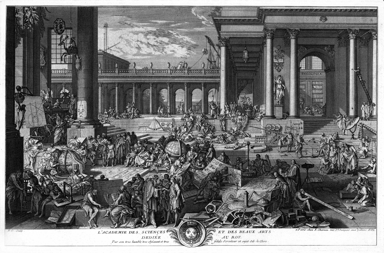 La Academia de Ciencias y Bellas Artes dedicada al Rey. Por su muy humilde y muy fiel servidor y súbdito Seb. el Escribano. Grabado por Sebastien Leclerc, el Viejo de Unknown artist