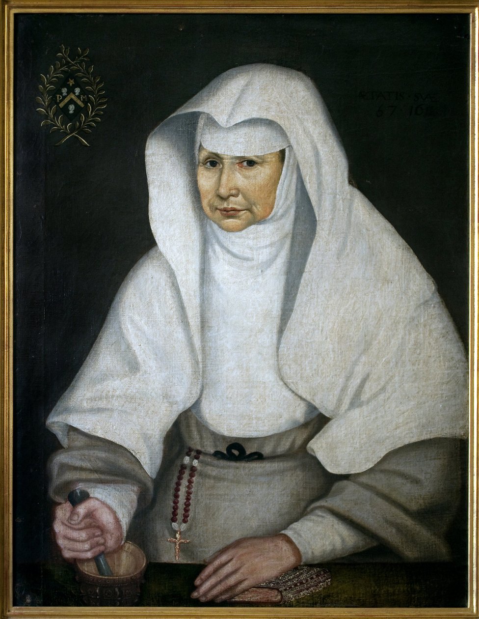 La boticaria hermana Pierrette Monnet (1557-1628), del Hotel Dieu de Beaune. Representada con un mortero y su mano de mortero. Pintura anónima, óleo sobre lienzo de Unknown artist
