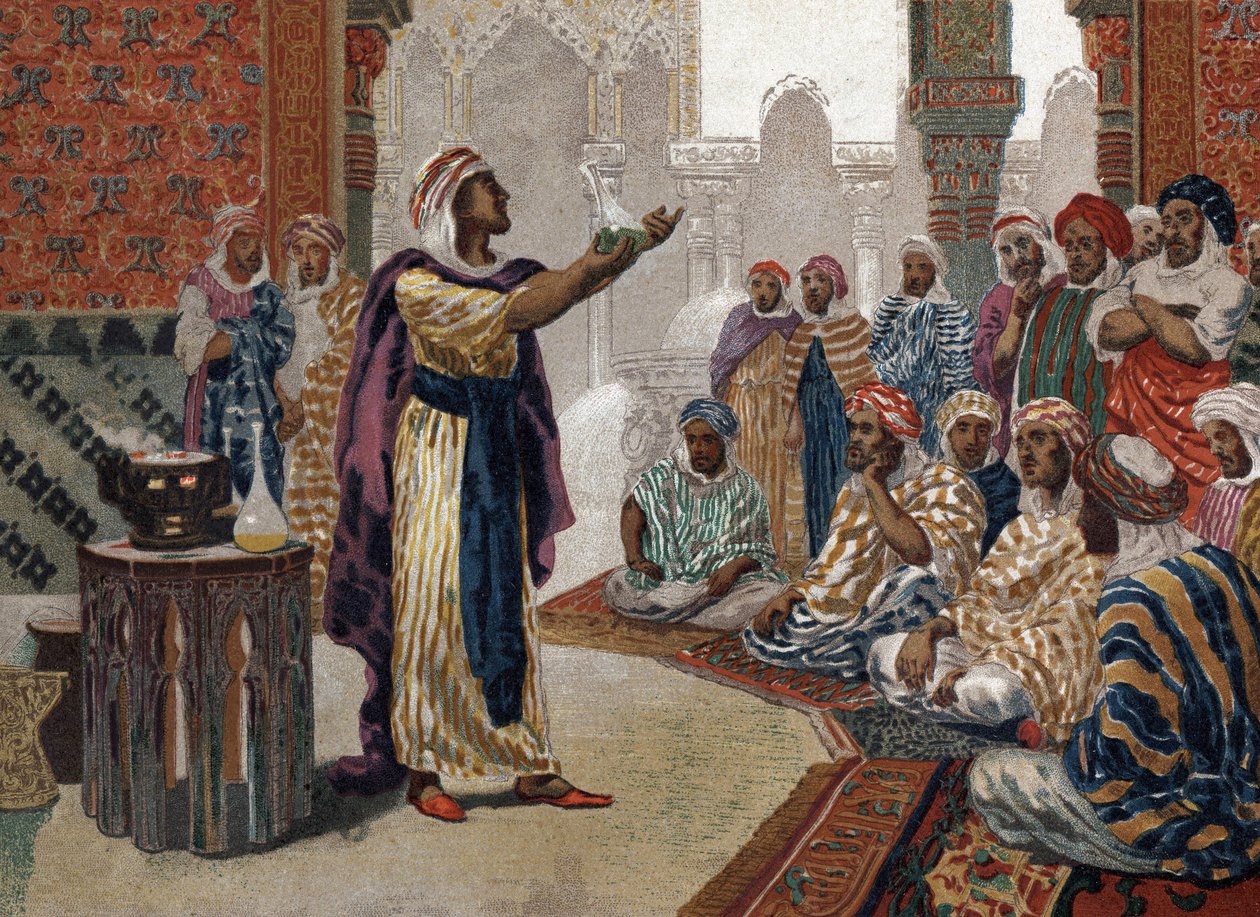 El alquimista árabe Geber (Jâbir ibn Hayyan) (v721-v815), grabado de química. Barcelona 1881 de Unknown artist