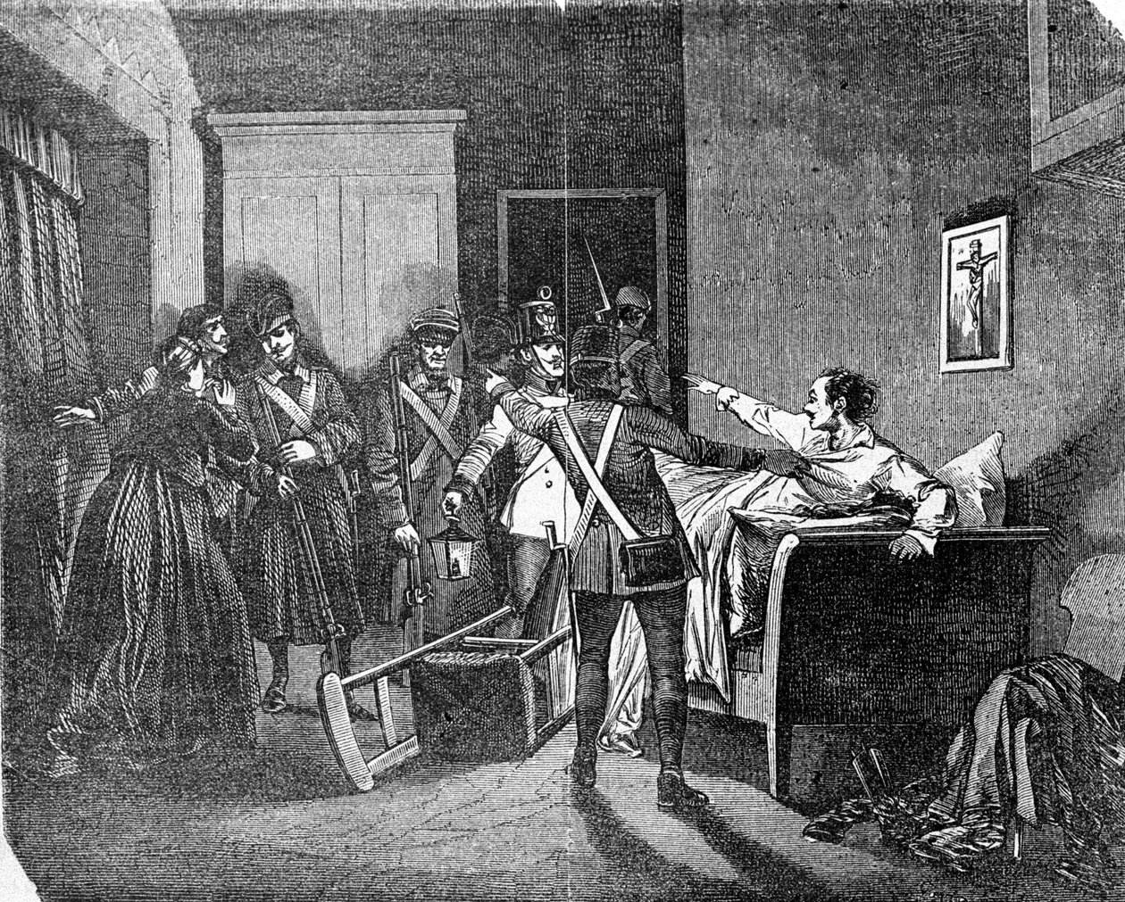 La policía austrohúngara arrestó a un carbonaro (carbonería, industria del carbón), miembro de la sociedad política secreta. Grabado del siglo XIX. de Unknown artist