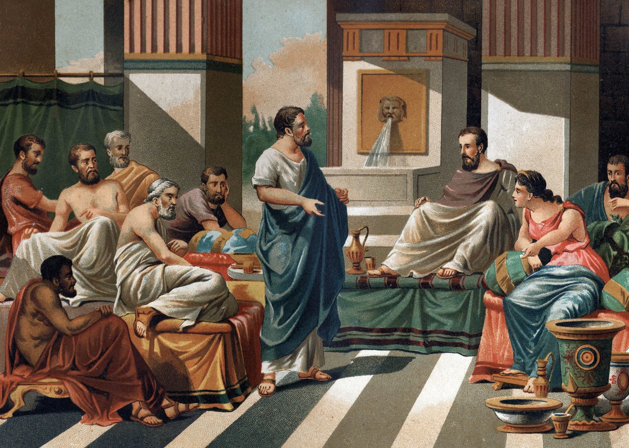 El banquete de Periandro (Tirano o Rey de Corinto) para los siete sabios de Grecia. De izquierda a derecha: Bias, Esopo, Anacharis, Cleóbulo, Solón, Pitágoras, Periandro y su esposa Melisa. Después de 