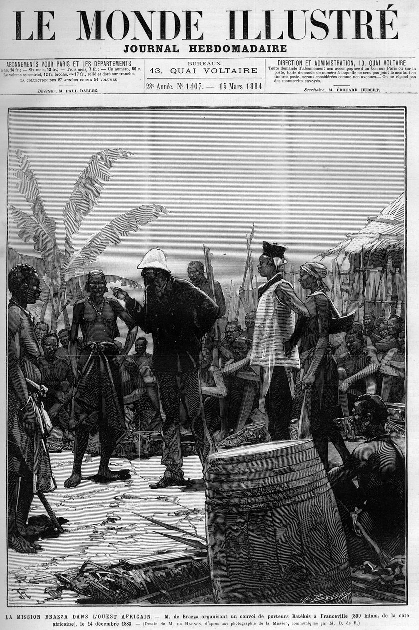 La Misión Brazza en África Occidental: Pietro Paolo Savorgnan di Brazza o Pierre Paul François Camille Savorgnan de Brazza (1852-1905) organizando un convoy de porteadores Batekes a Franceville (Gabón) el 14 de diciembre. de Unknown artist