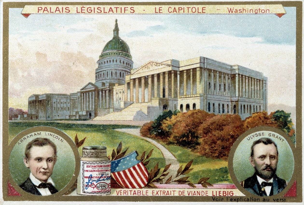 El Capitolio, Palacio del Congreso Americano, Washington (EE.UU.), con retratos de Abraham Lincoln (1809-1865) y Ulysses Grant (1822-1885) - cromolitografía de Liebig de Unknown artist