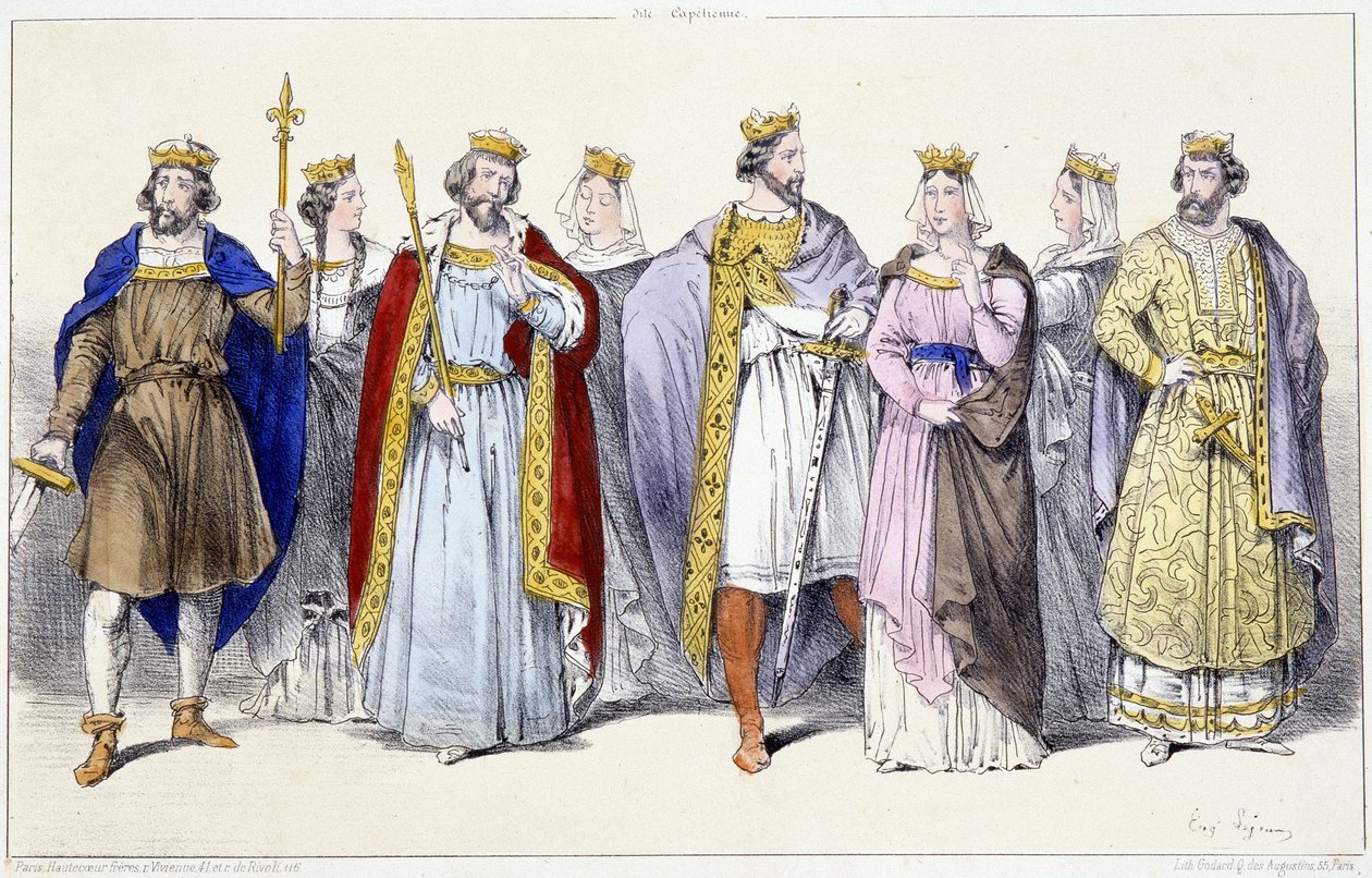 Los carolingios: Hugo Capeto, Adelaida, Roberto, Constanza, Enrique I, Ana de Rusia, Berta, Felipe I - en “Reyes y Reinas de Francia en estampas”, París, ed. Swift de Unknown artist