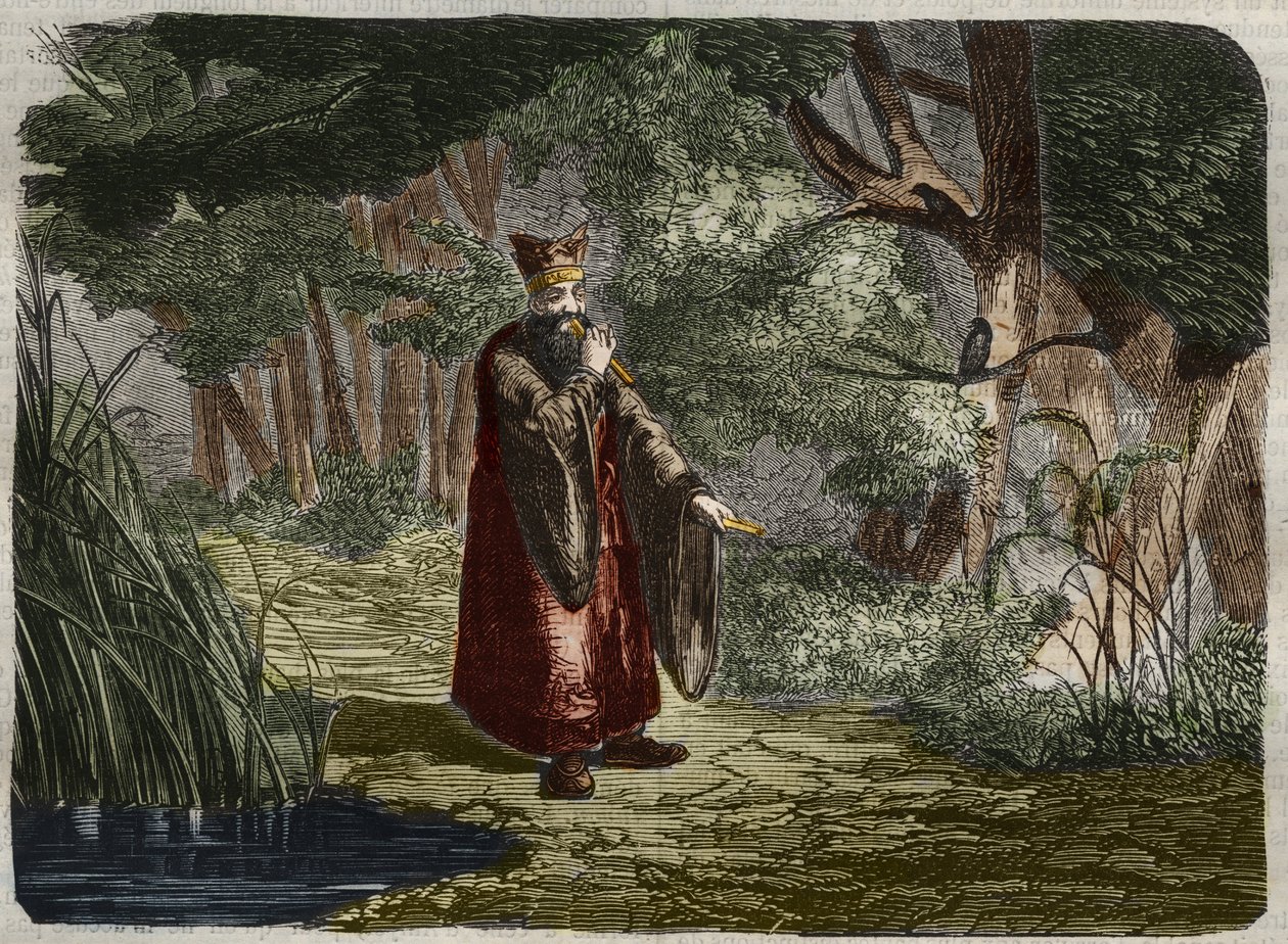 El chino Ling Mon (Ling-lun) descubre la afinación soplando en el tallo de un bambú. Siglo XXVII a.C. Grabado de 1859 en “El Museo de las Ciencias” de Unknown artist