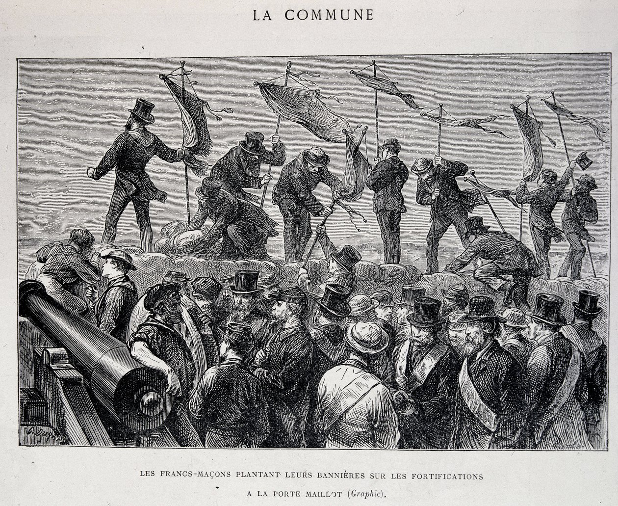 La Comuna: Masones plantando sus banderas en las fortificaciones en Porte Maillot (1871) - grabado de Unknown artist