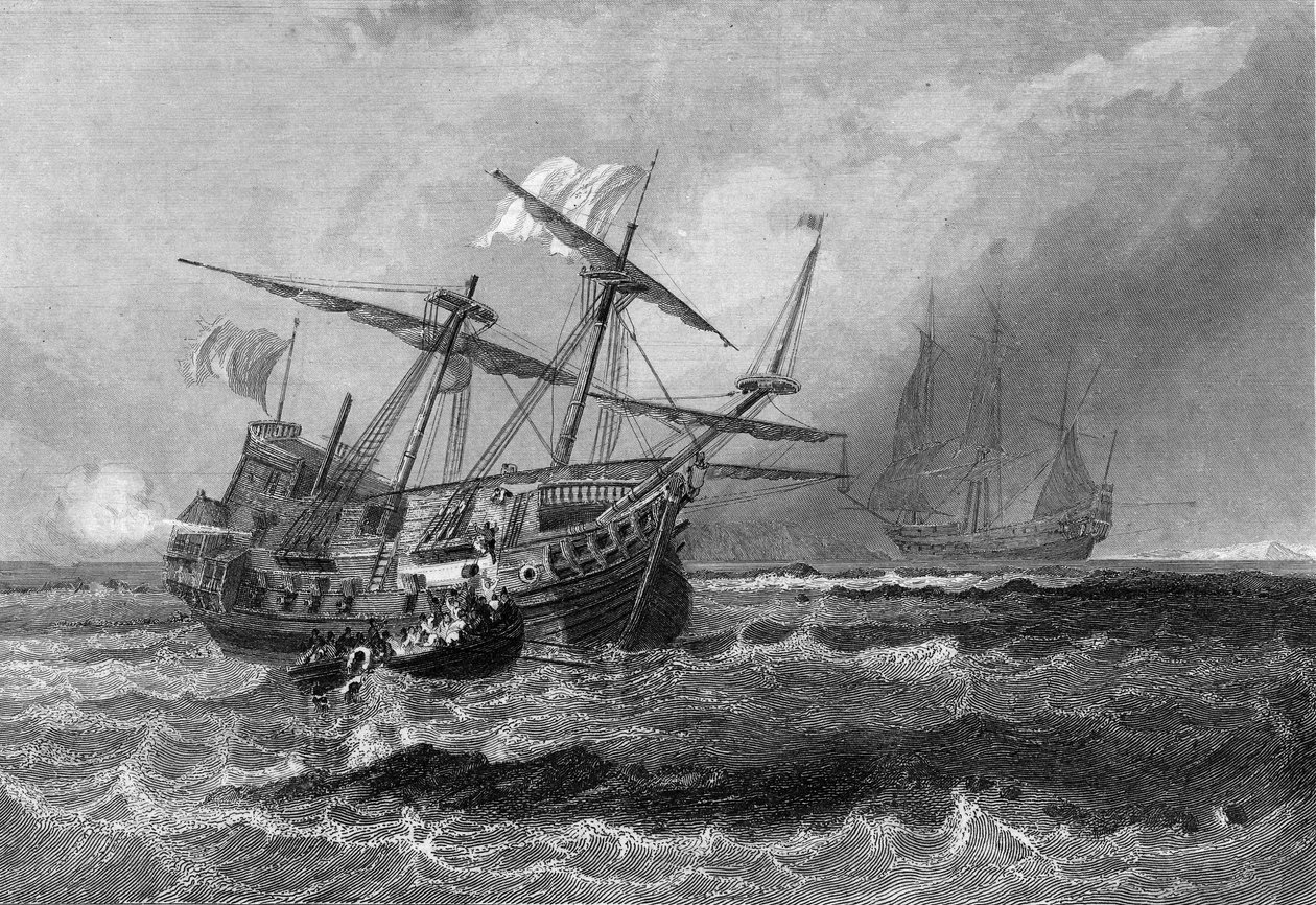 El Corbin perdido en el arrecife en las Islas Maldivas el 1 de julio de 1602. En “Historia General de la Marina” por Van Tenac de Unknown artist