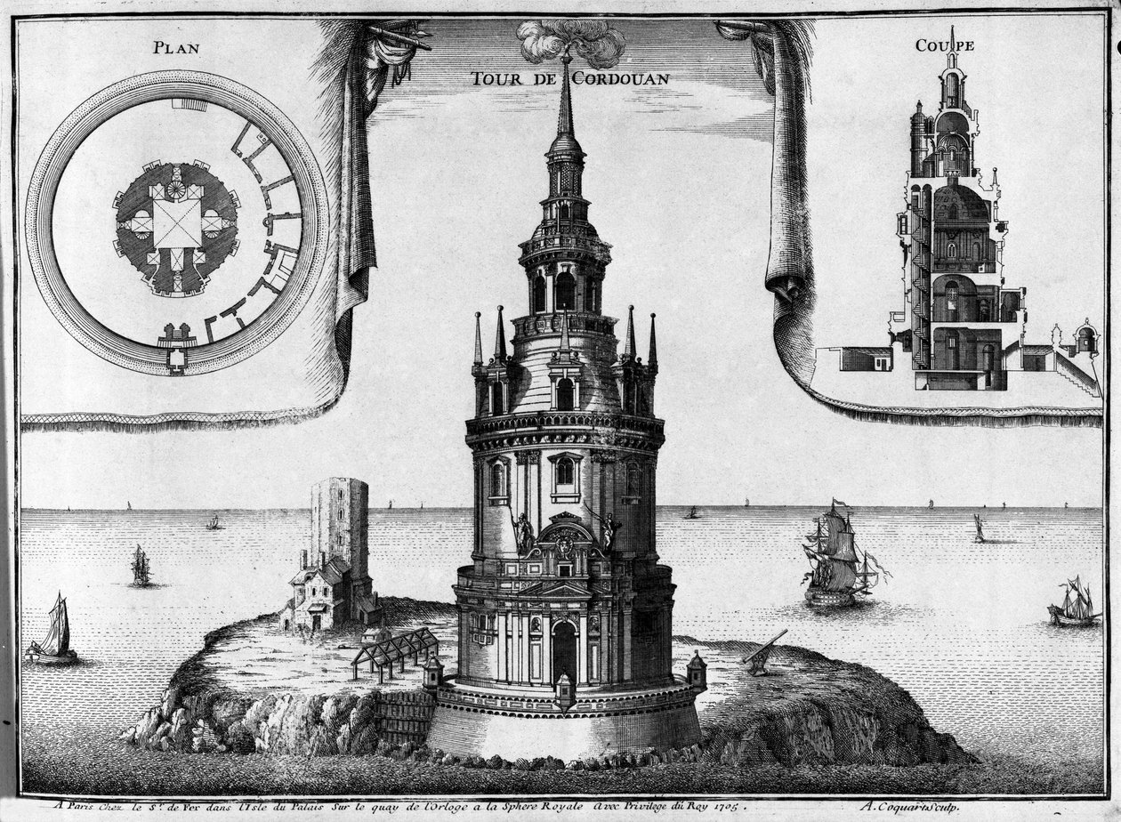 El faro de Cordouan cerca de Burdeos en Gironda (33). El edificio actual, rico en estatuas y columnas, tiene una capilla y una sala para albergar al rey de Unknown artist