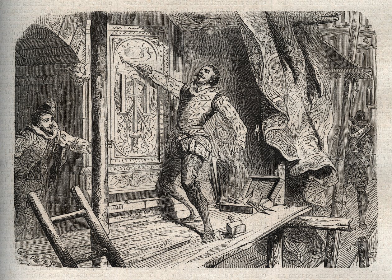 La muerte de Jean Goujon (1510-1562 o 1569), según una leyenda en 1572, durante la masacre de San Bartolomé - grabado en 
