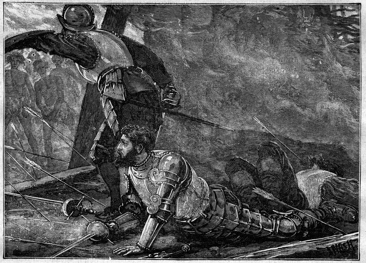 La Muerte de Juan de la Cosa - Muerte de Juan de la Cosa (1460-1510) cartógrafo, conquistador y explorador español en Cartagena, Colombia - grabado de 1887 de Unknown artist