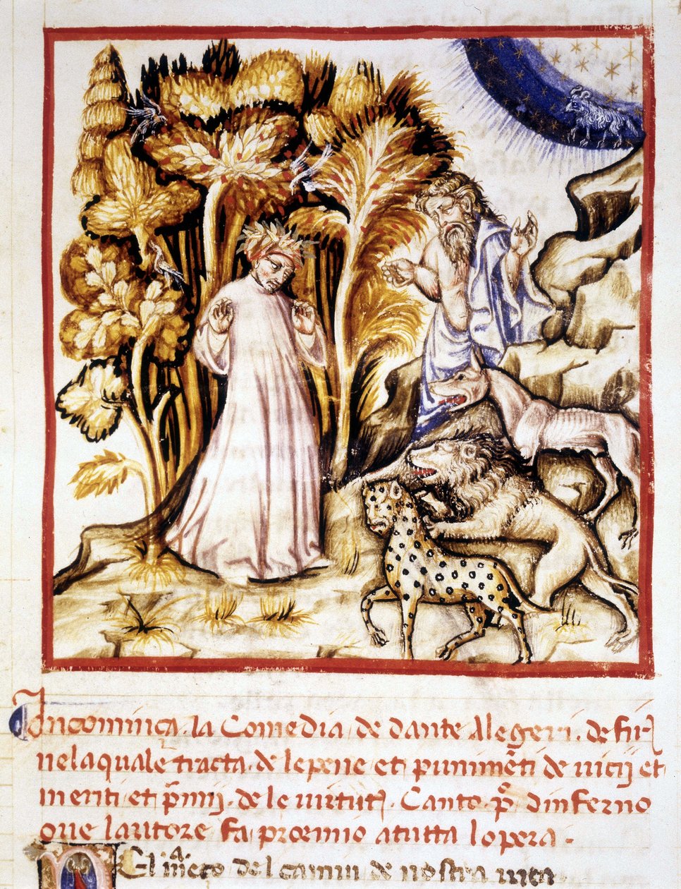 La Divina Comedia de Dante Alighieri. Miniatura que representa a Dante, Virgilio y las tres bestias. Manuscrito del siglo XIV. Biblioteca Municipal de Rímini. de Unknown artist