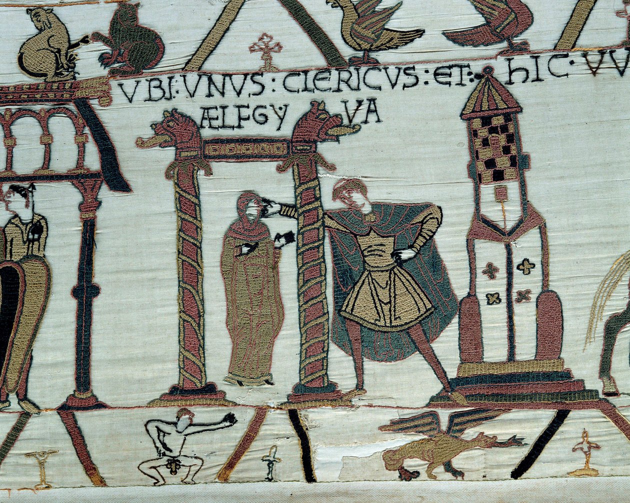 El Duque de Normandía Guillermo el Conquistador (1027-1087) promete a su hija Aelfgyve en matrimonio a Harold. Abajo a la izquierda, representación de un hombre desnudo (detalle) del Tapiz de Bayeux o Bordado de la Reina Matilde de Unknown artist