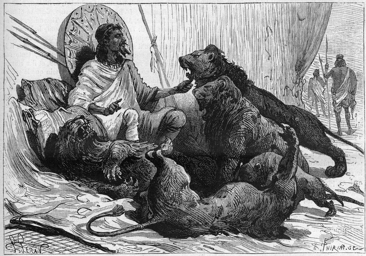 El Emperador (ras) Teodoro de Abisinia rodeado de sus leones. En "Nature" de 1888. de Unknown artist