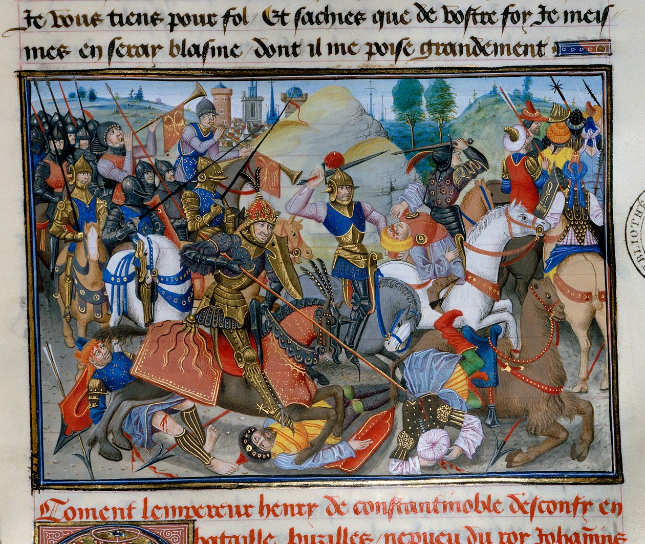 El Emperador de Constantinopla Enrique I de Flandes Hainaut (1177-1216) durante una batalla. Miniatura de 