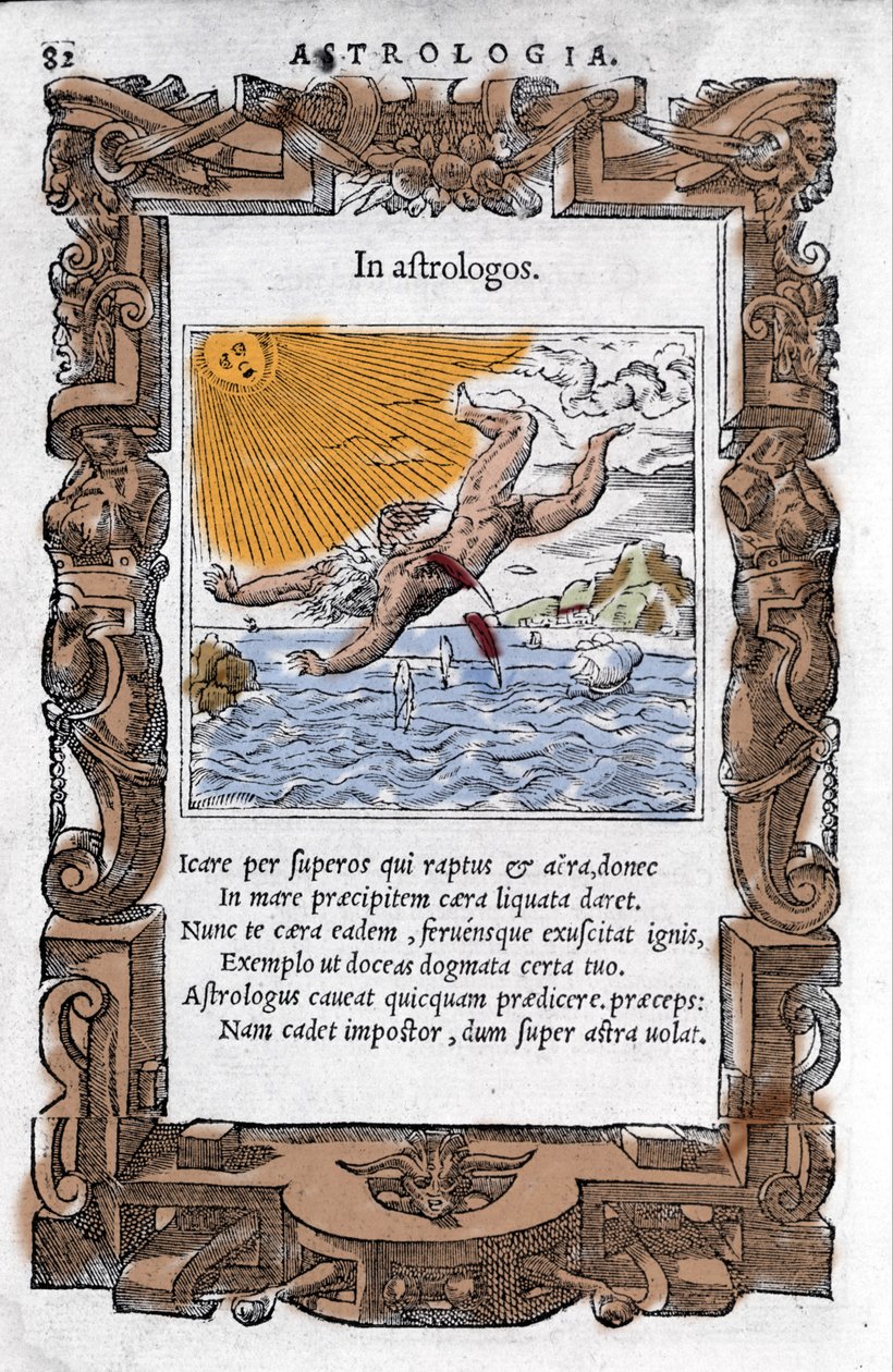 La caída de Ícaro. Xilografía colorida del siglo XVI de Unknown artist