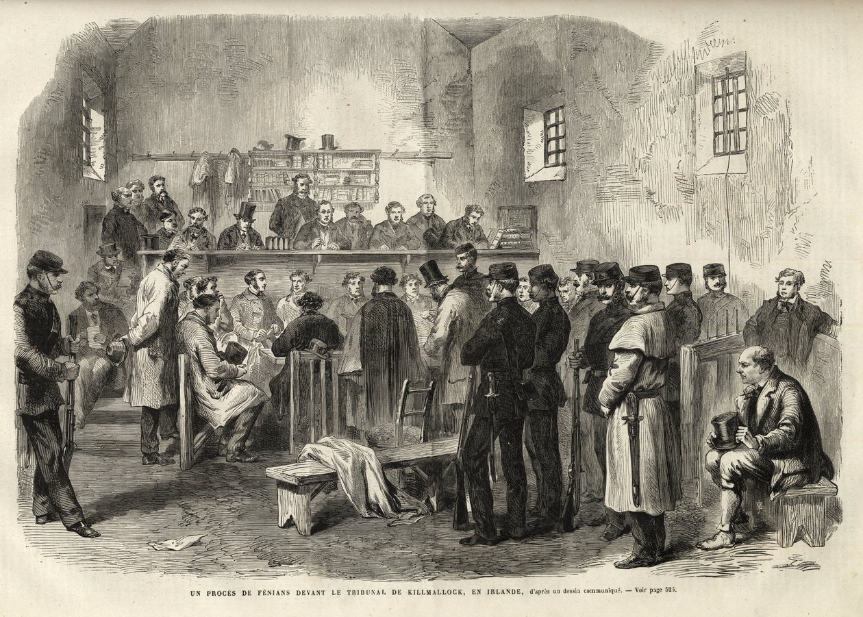 La insurrección feniana, investigación sobre el Sr. Cleary en el juzgado de Kilmallock - 1867 - Un juicio de fenianos ante el Tribunal de Kilmallock en Irlanda - 1867 - grabado de “El Universo Ilustre” de 1867 de Unknown artist