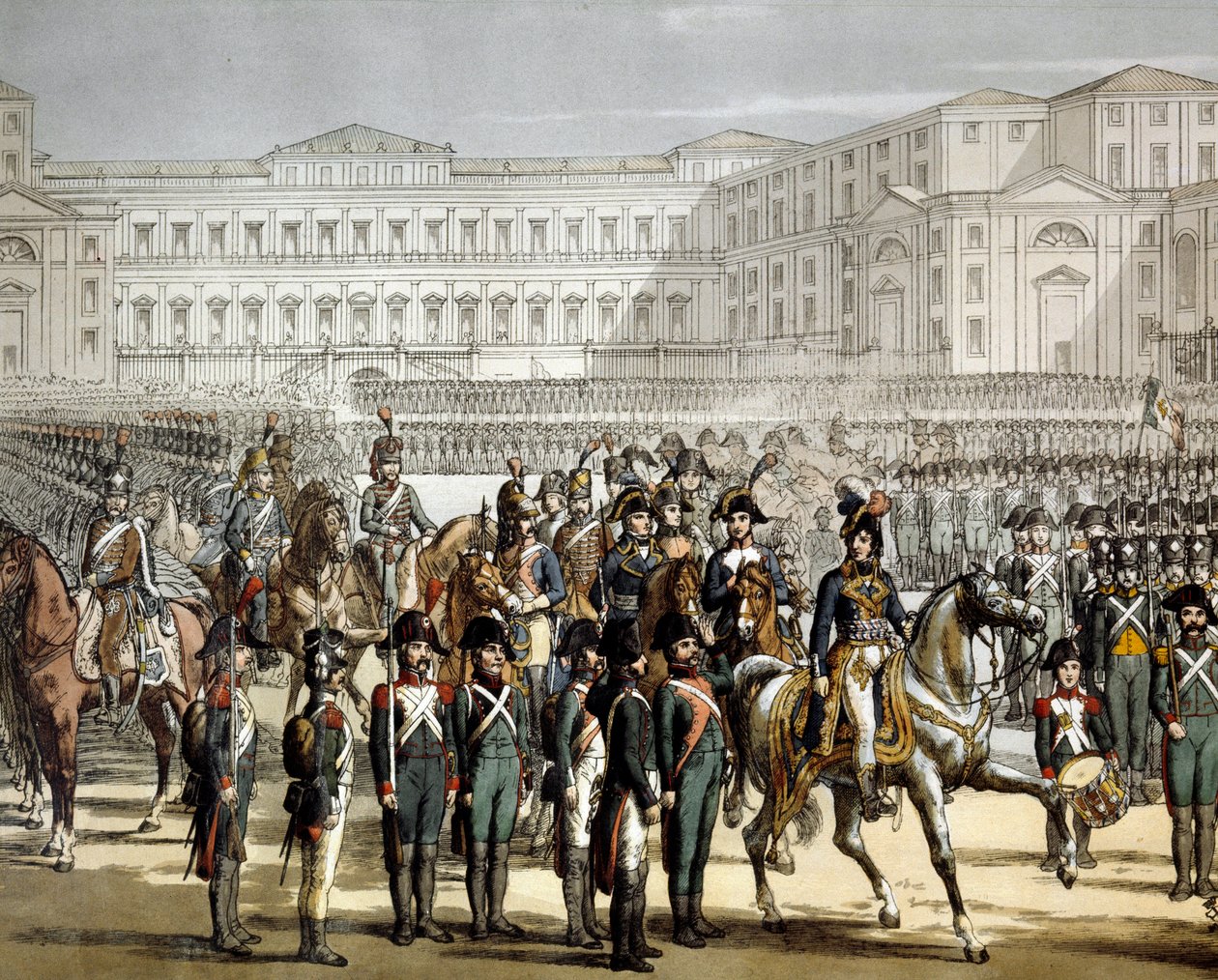 El General francés y Rey de Nápoles Gioacchino (Joachim) Murat (1767-1815) revisa la milicia Cisalpina frente a la Villa Reale de Monza el 07/08/1801 de Unknown artist