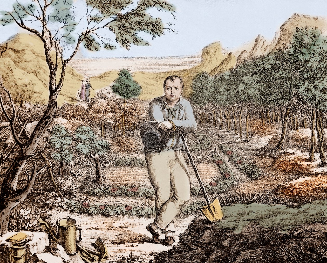El jardinero de Santa Elena - Napoleón en el exilio en Santa Elena, grabado de Unknown artist
