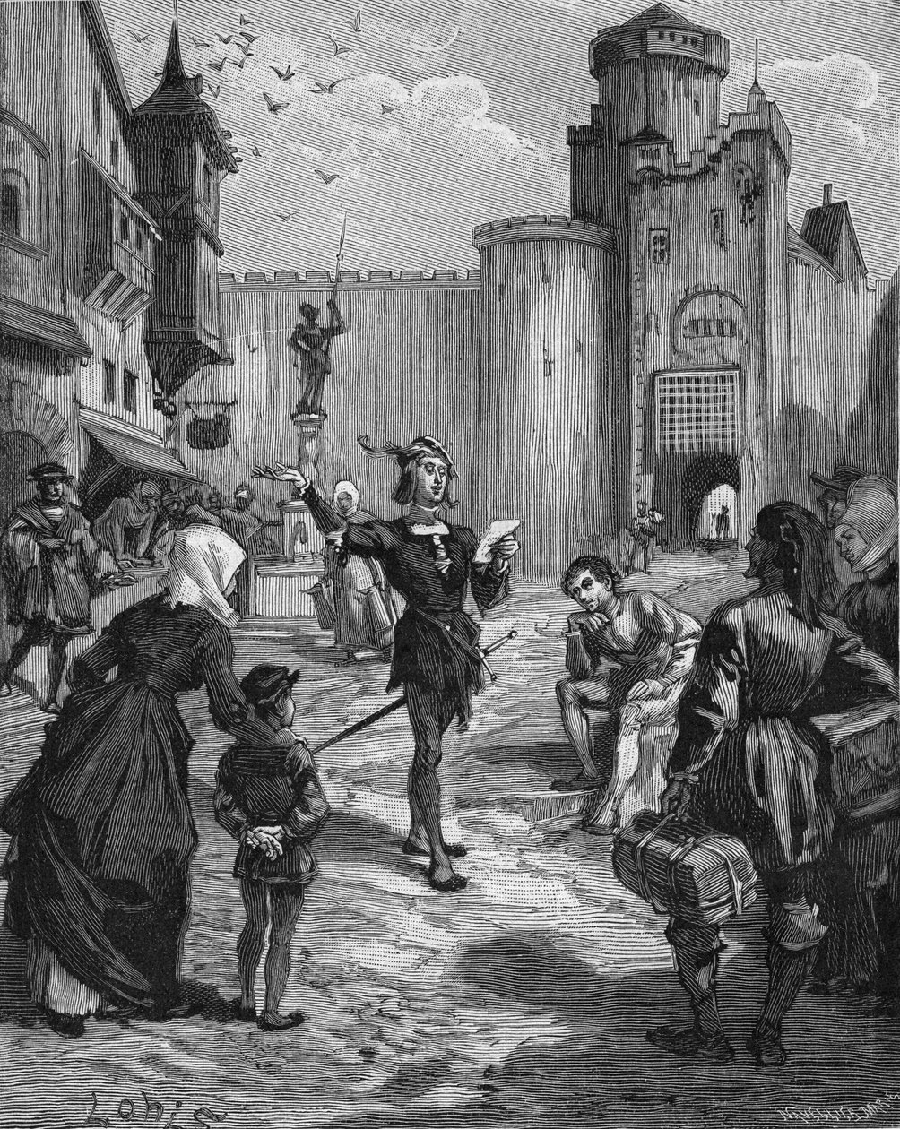 El caballero alemán, poeta y humanista Ulrich von Hutten (1488-1523) declamando uno de sus poemas en la calle. Grabado del siglo XIX. En “Histoire de France” de Jules Michelet de Unknown artist