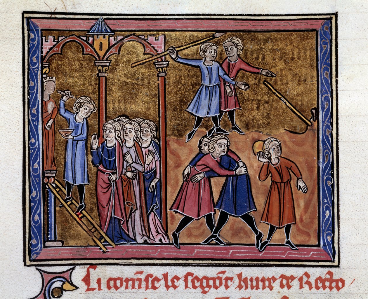El artista griego Zeuxis (siglo V a.C.) esculpe una estatua de Juno frente a jóvenes jugando y luchando. Miniatura del manuscrito 