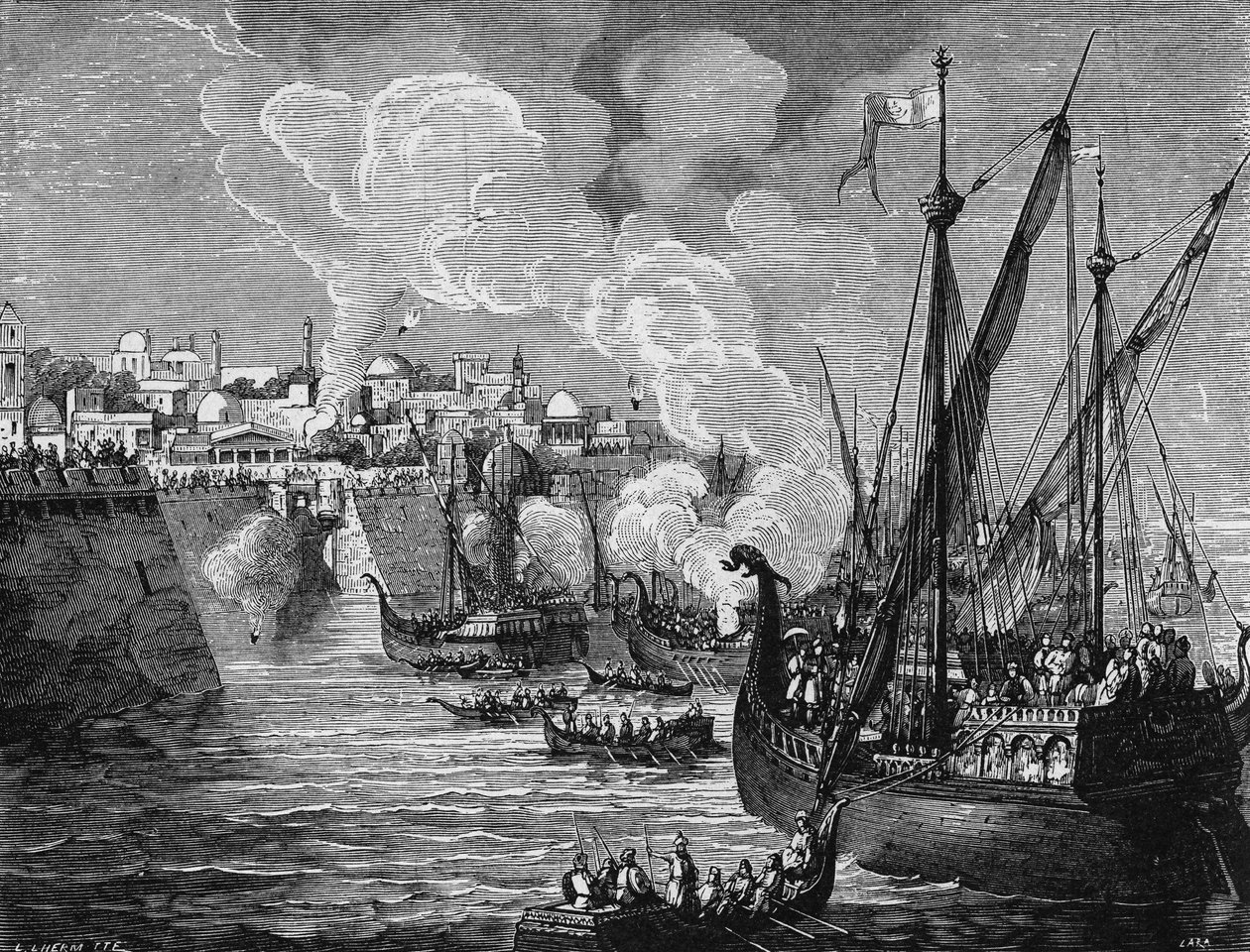 El fuego griego utilizado por los sitiadores y los sitiados en el sitio de Constantinopla por Mahoma II en 1453. En “Álbum de la Ciencia”, Éditions Jouvet. de Unknown artist