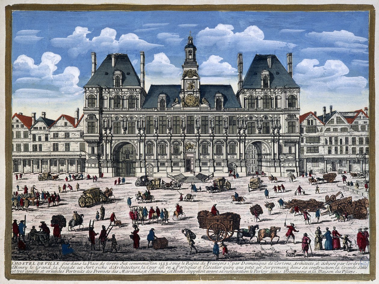 El Hôtel de Ville de París y su plaza en el siglo XVI - grabado de Unknown artist