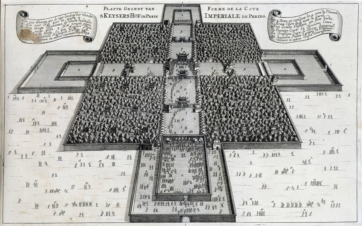 La Corte Imperial de Pekín (Ciudad Prohibida) - en "The Embassy of the Eastern Company of the United Provinces towards the Emperor of China or Grand Cam of Tartaria" por Pierre de Goyer y Jacob de Keyser, Leiden de Unknown artist