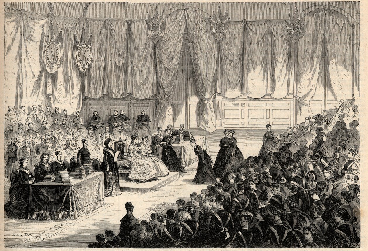 La emperatriz Eugenia de Montijo (1826-1920) presidiendo la distribución de premios en la institución imperial de la Legión de Honor en Saint Denis. Grabado en “L
