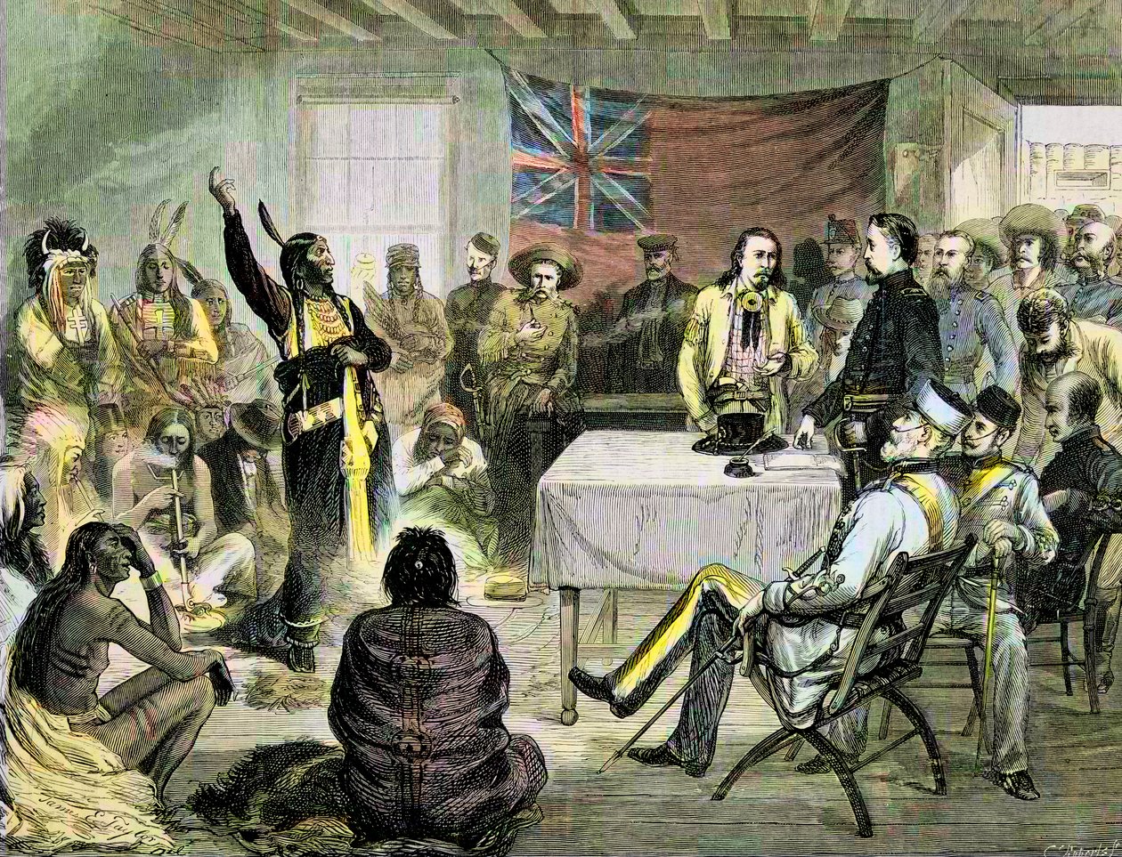 La Guerra India en los Estados Unidos - el Consejo de "Toro Sentado" con Toro Sentado y Buffalo Bill en Fort Walsh, territorio británico, octubre de 1877 de Unknown artist