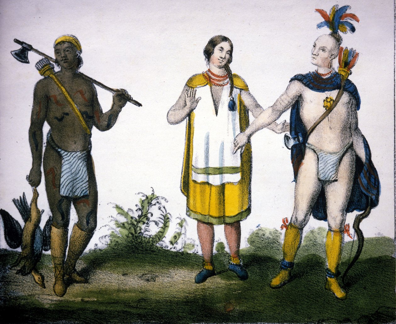 Los indios de Canadá: un cazador (acadio), una mujer y un guerrero. litografía de “Galleria Universale di tutti i popoli del mondo”, Milán de Unknown artist