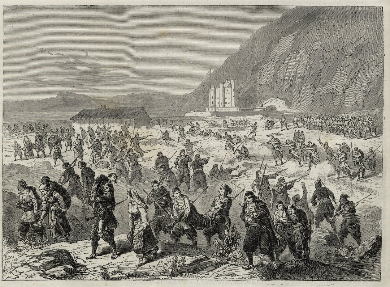 La Insurrección en Dalmacia (las Bocas de Cattaro) - insurrección contra el reclutamiento impuesto por el gobierno austriaco - EVENTOS EN DALMACIA. INSURGENTES ATACANDO EL FUERTE ESTATAL TRINITA, CERCA DE CATARO (Bocas de Kotor) - Bahía de Kotor - 1869 de Unknown artist