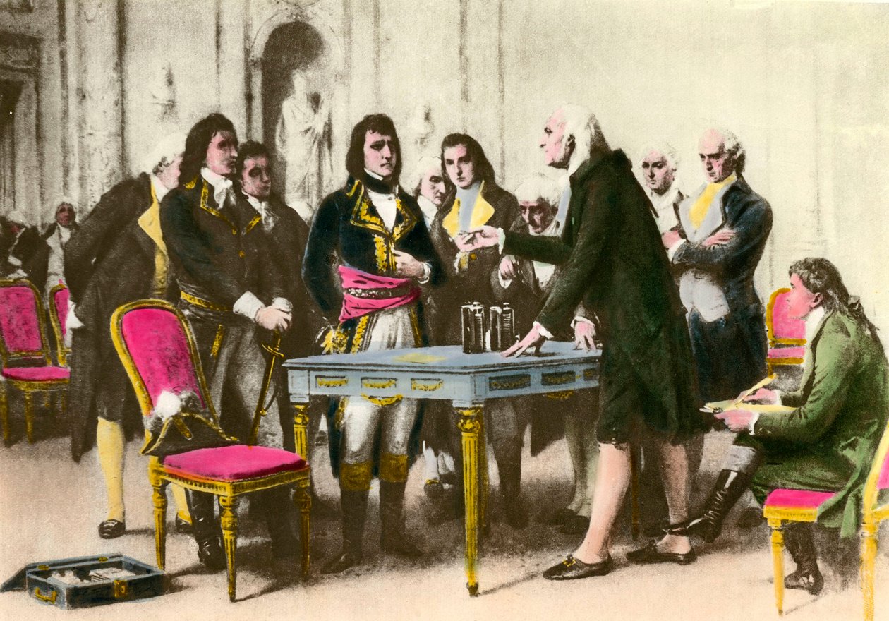 El físico italiano Alessandro Volta (1745-1827) presenta su pila a Napoleón Bonaparte. 1801. Colección privada de Unknown artist