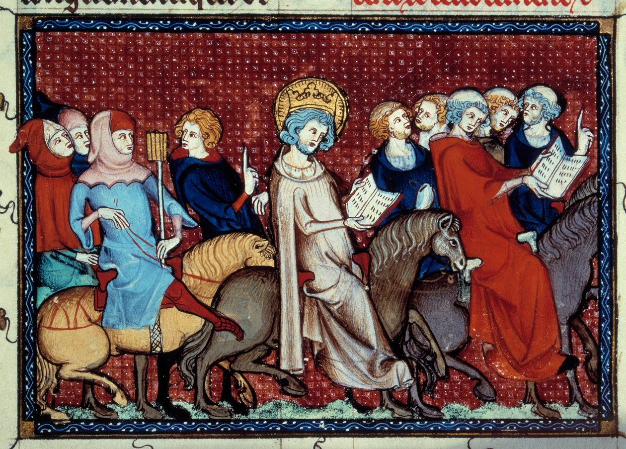 El Rey de Francia Luis IX (San Luis) (1214-1270) a caballo contando sus horas a sus capellanes. Miniatura de un manuscrito 
