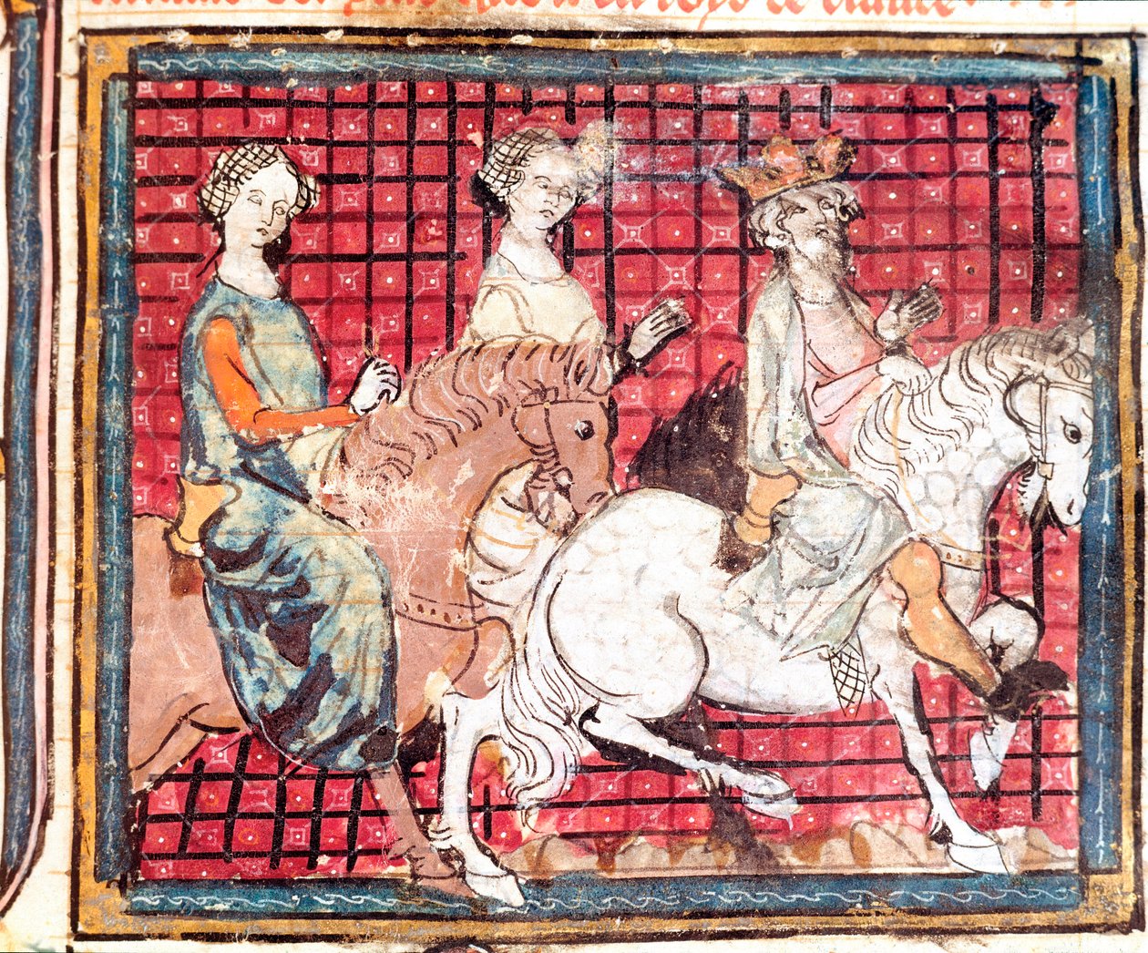 El rey de los francos Chilperico I (543-597) y Fredegunda a caballo. Miniatura de 