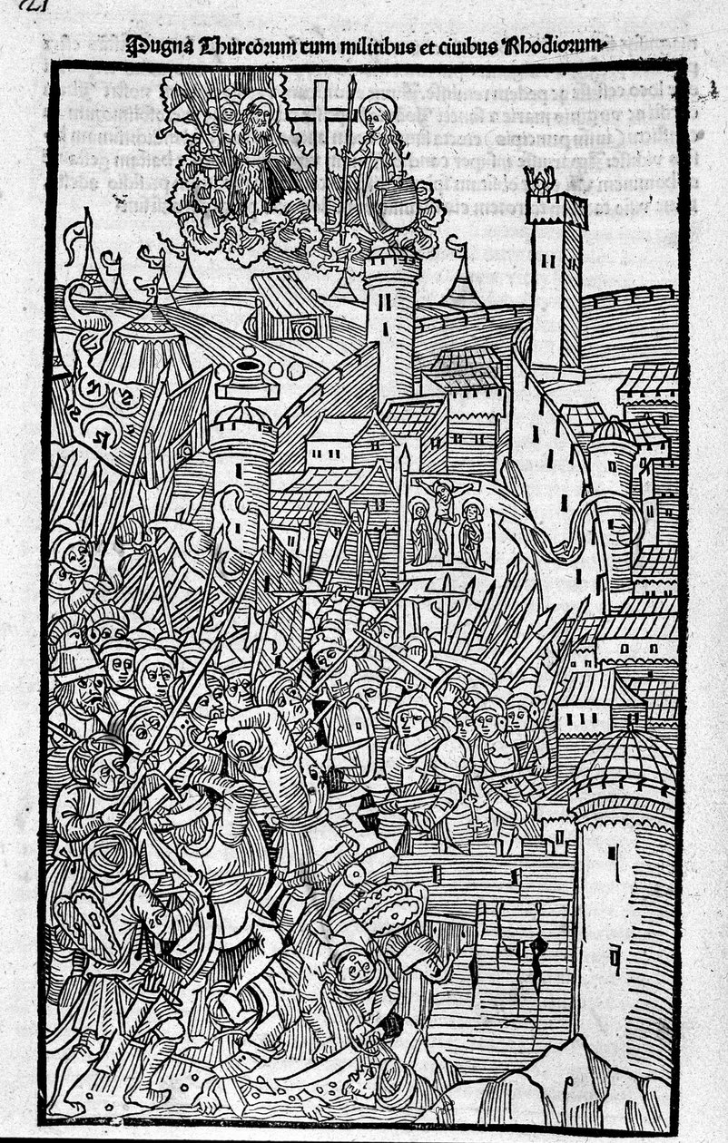Los Caballeros de Rodas (la Orden de los Hospitalarios de San Juan de Jerusalén) atacando Rhode Island en "Rhodiorum Historia" de Guilelmus Caorsin, Ulmae, Joh. Reger 24 de octubre de Unknown artist