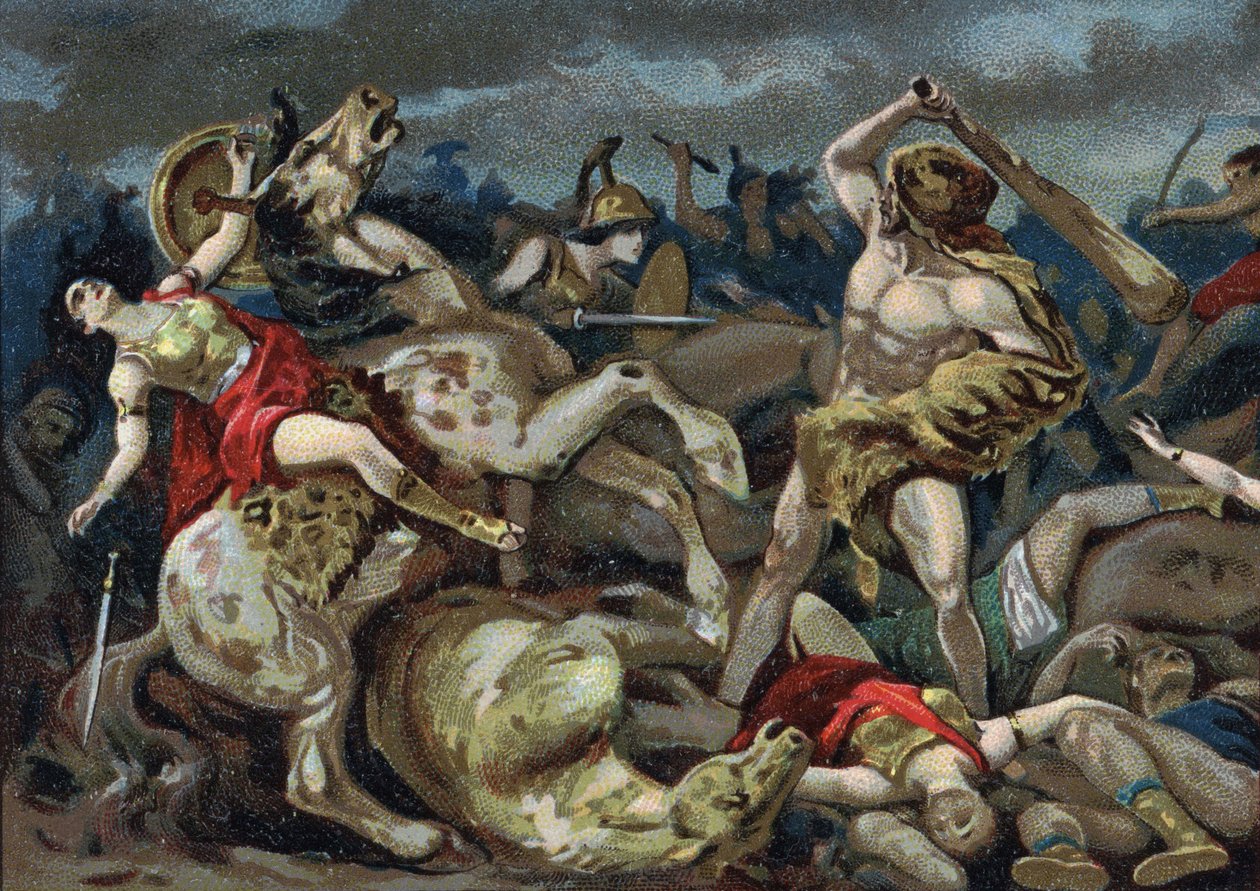 Los trabajos de Hércules: Hércules toma el cinturón a Hipólito, principio del siglo XX (cromo) de Unknown Artist