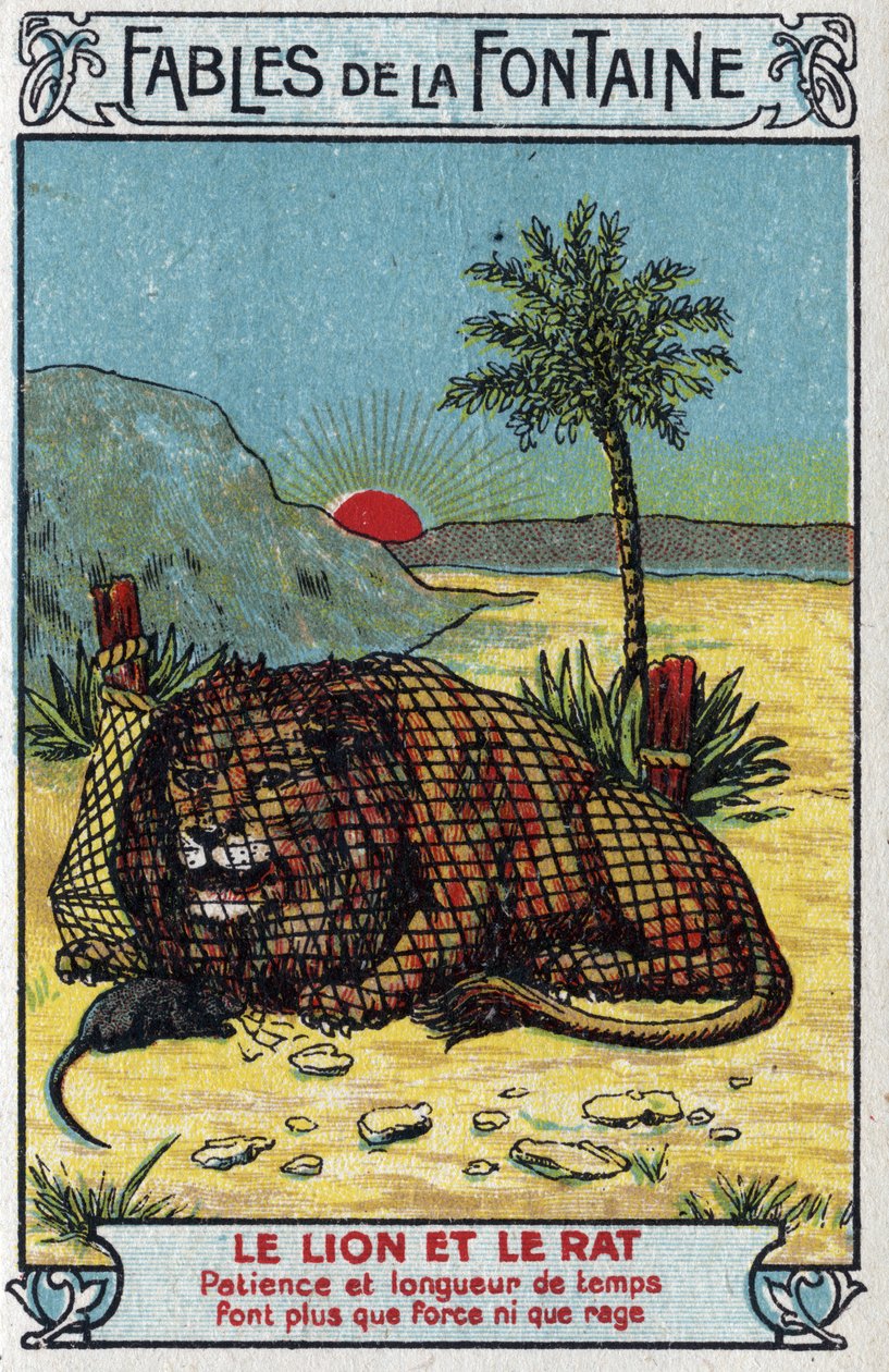 El León y el Ratón - Fábulas de Jean de La Fontaine (1621-95) - Cromolitografía de finales del siglo XIX Colección Privada de Unknown artist