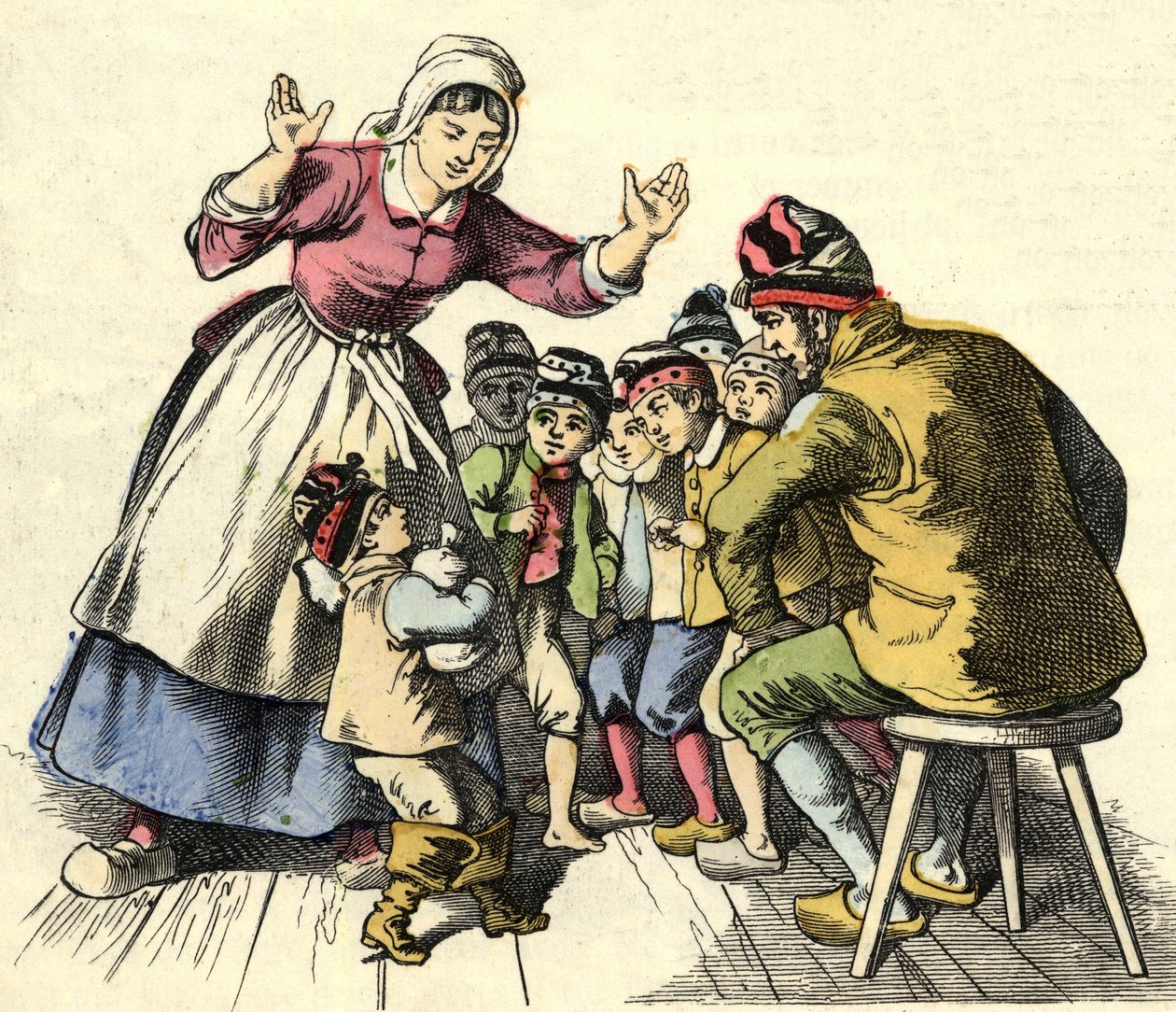 El pequeño Poulet y sus hermanos vuelven a casa con sus padres. Ilustración del cuento “Le Petit Poucet” de Charles Perrault de Unknown artist
