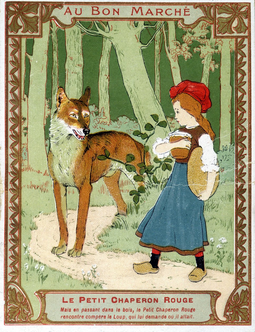 Caperucita Roja se encuentra con el lobo - etiqueta publicitaria de Bon Marché de Unknown artist