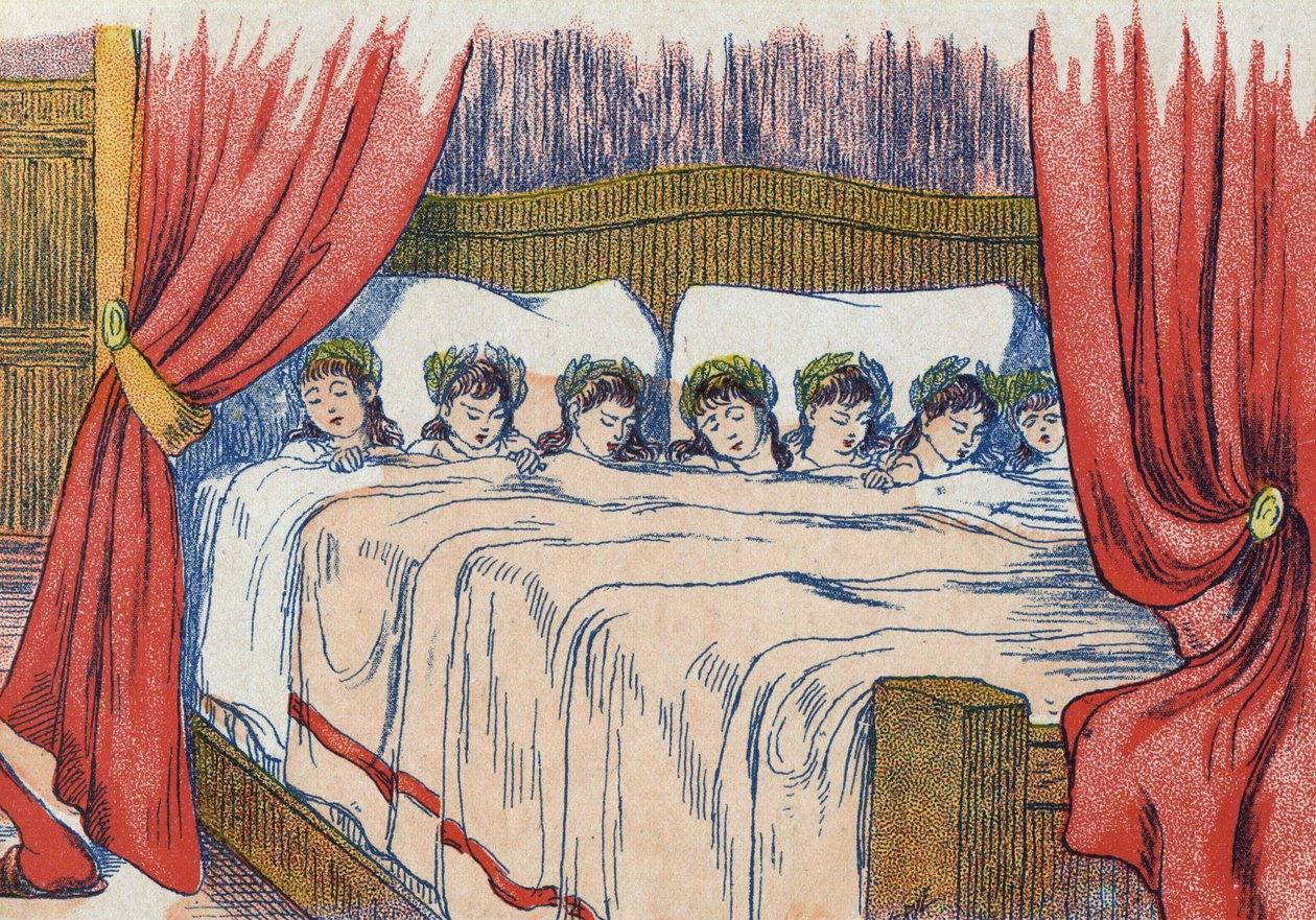 El Pequeño Pulgarcito y sus hermanos duermen, corona en su cabeza. Ilustración de “Le Petit Poucet”, cuento de Charles Perrault (1628-1703), escritor francés. Ilustración anónima. Imágenes Marcel Vagne, Jarville Nancy, sin fecha (finales del siglo XIX). de Unknown artist
